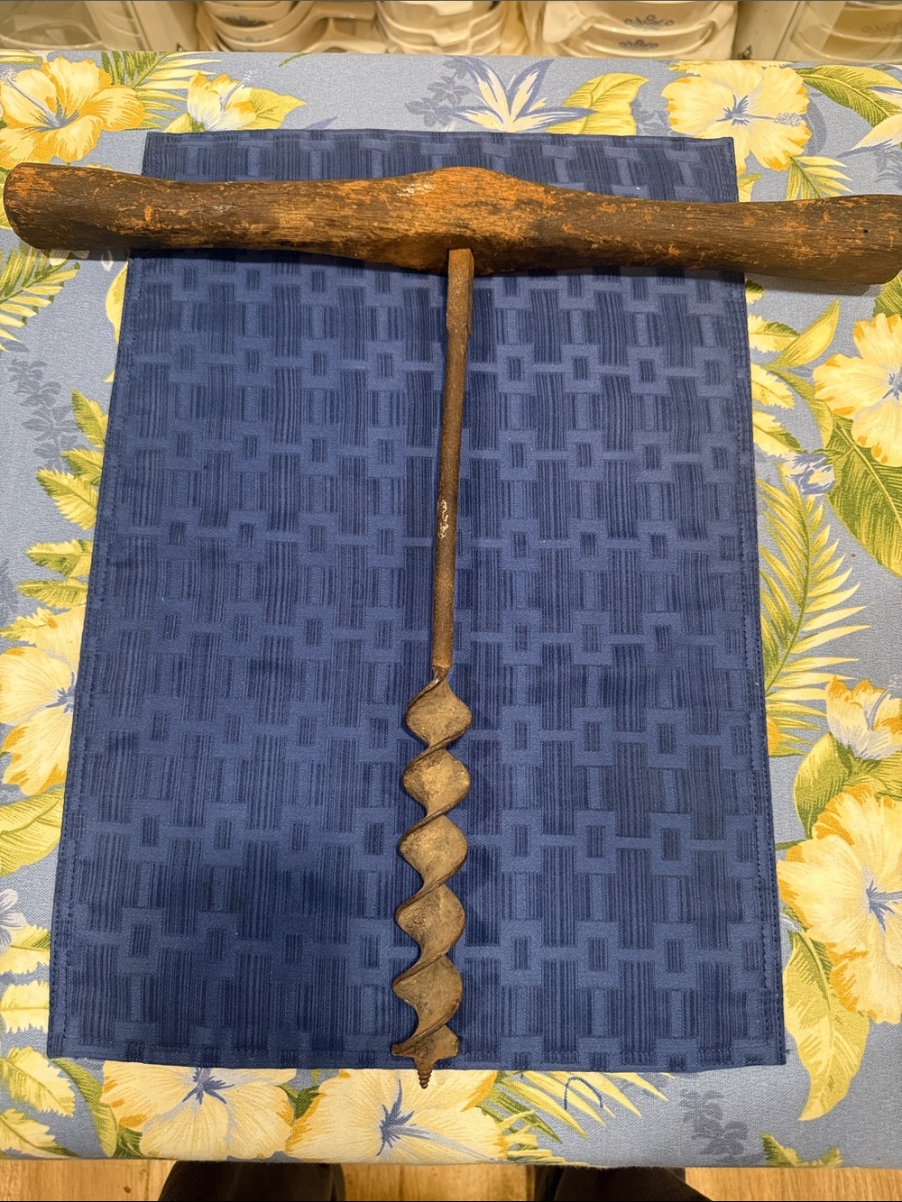 Vintage Hand-Twist Auger Drill with Wooden T-Handle